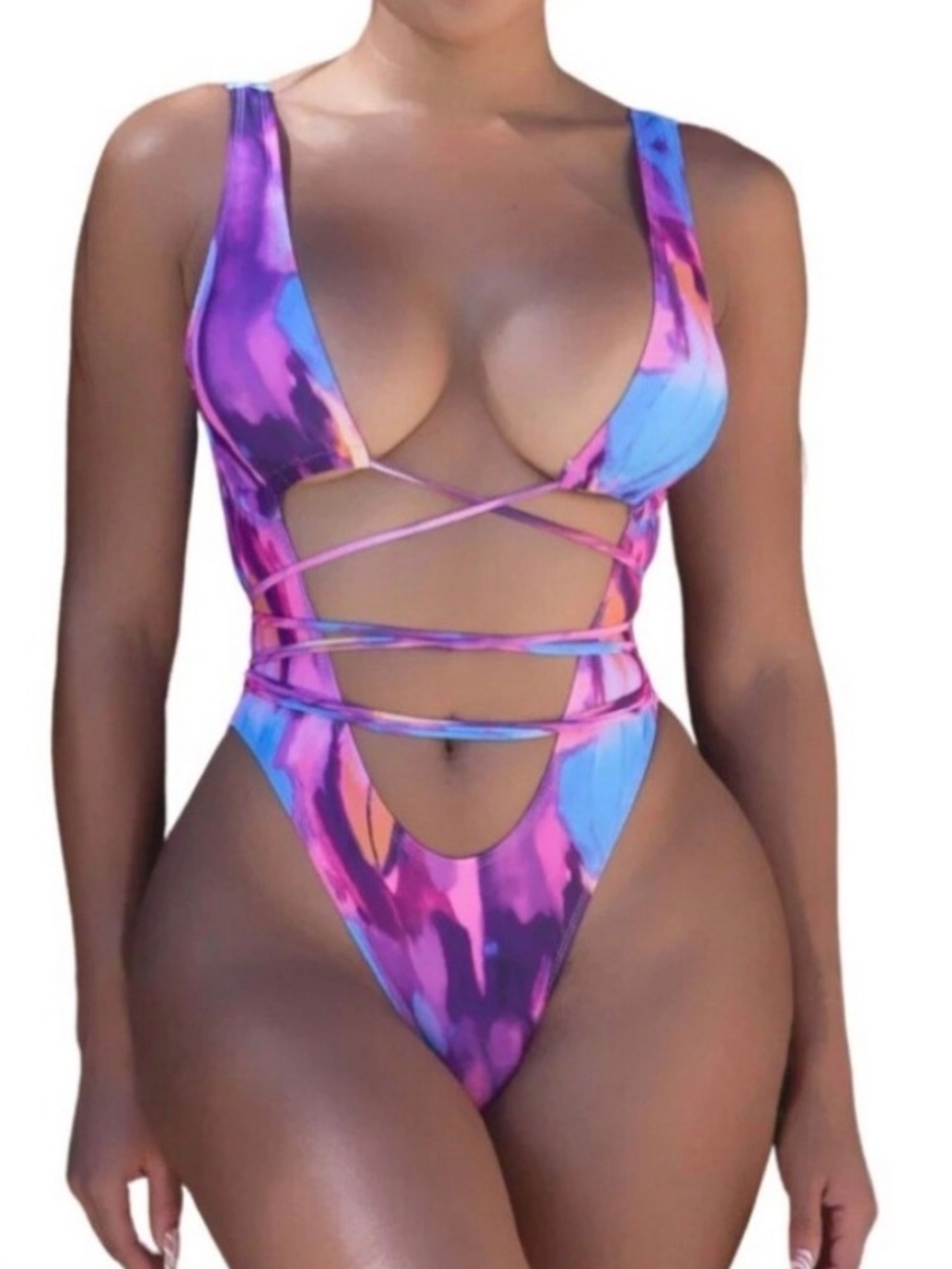Matte Collection Tie Dye Monokini Swimsuit | L | Blue Pink Purple One Piece